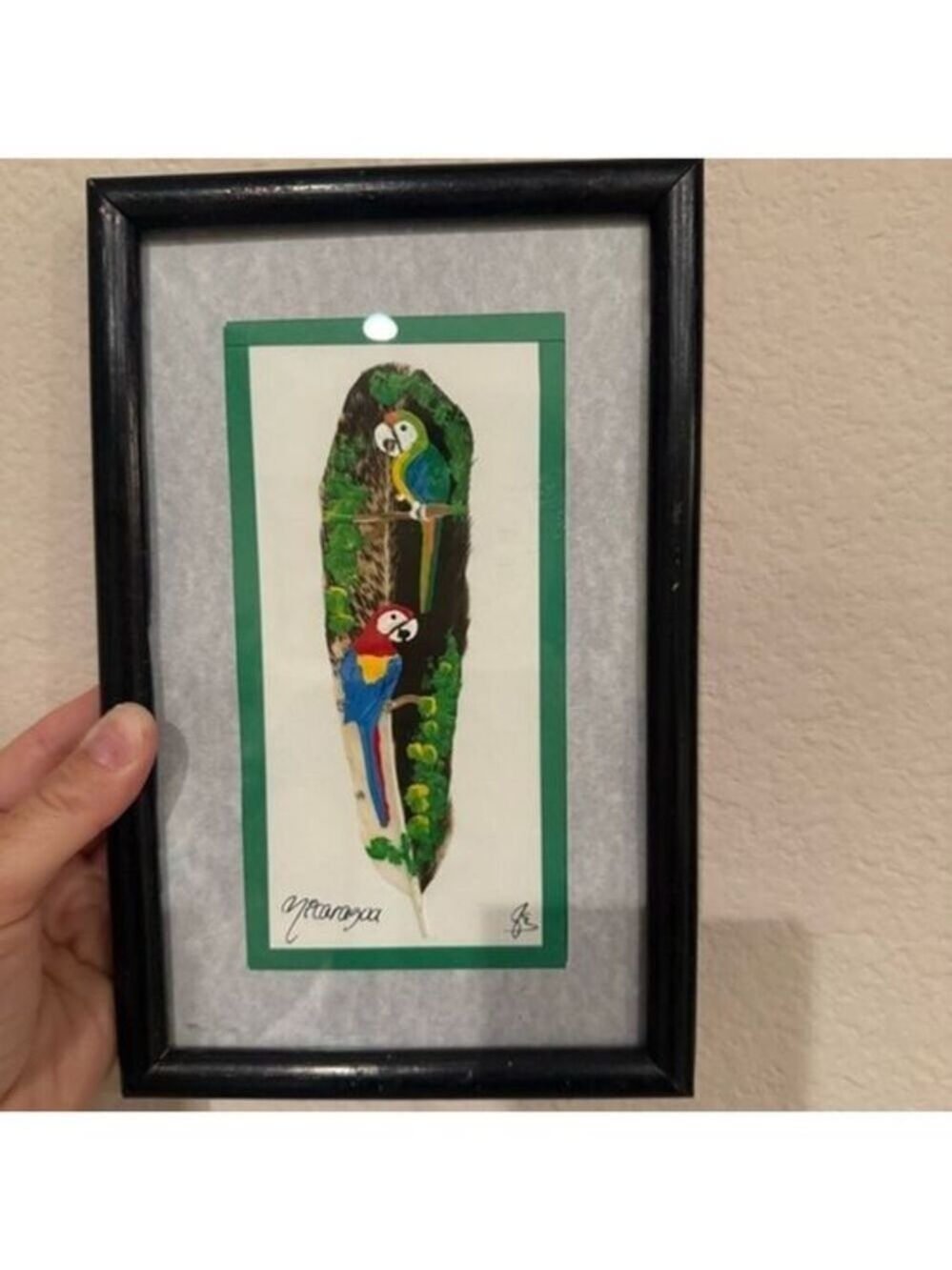 Parrots Art Painting on Feather Artwork Framed Nicaragua Blue Green Colorful Art